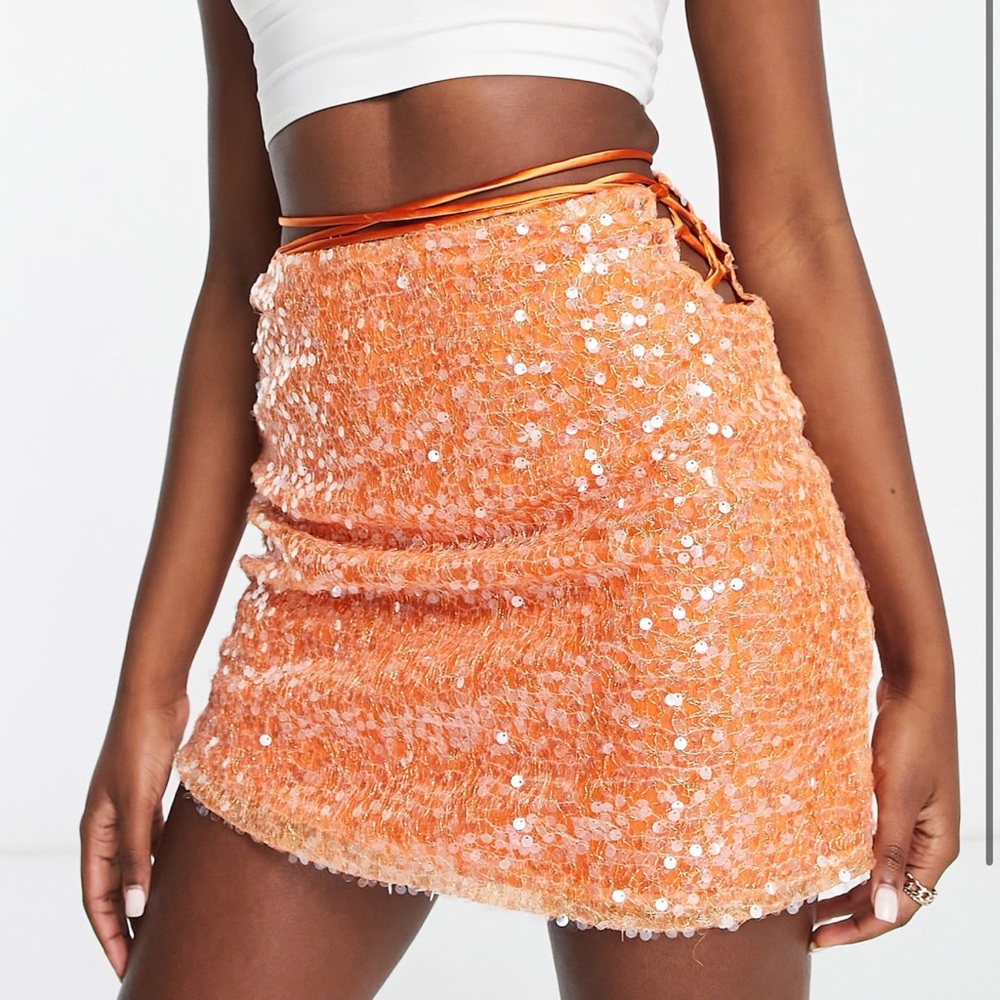 Sequin Mini Skirt in Orange - Picture 3 of 6